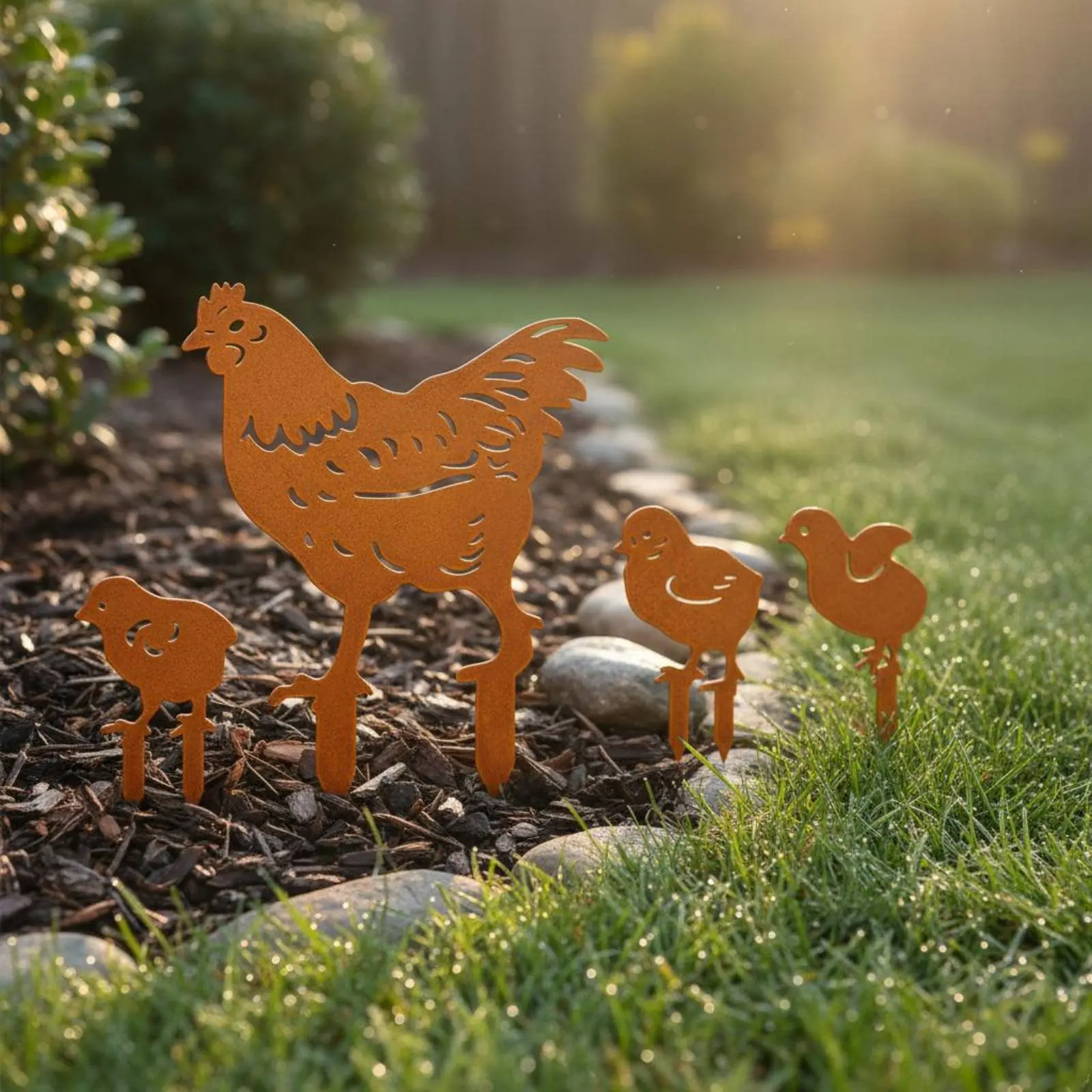 

4 Pieces Hen and Chicks Garden Stakes Farmhouse Design Metal Chicken Outline Set Hollow Openwork Chicken Decor Easy to Install