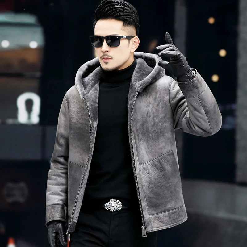 New Fur Really Male Short Hood Genuine Leather Clothes Jacket Coat Winter Black Size M - 5XL