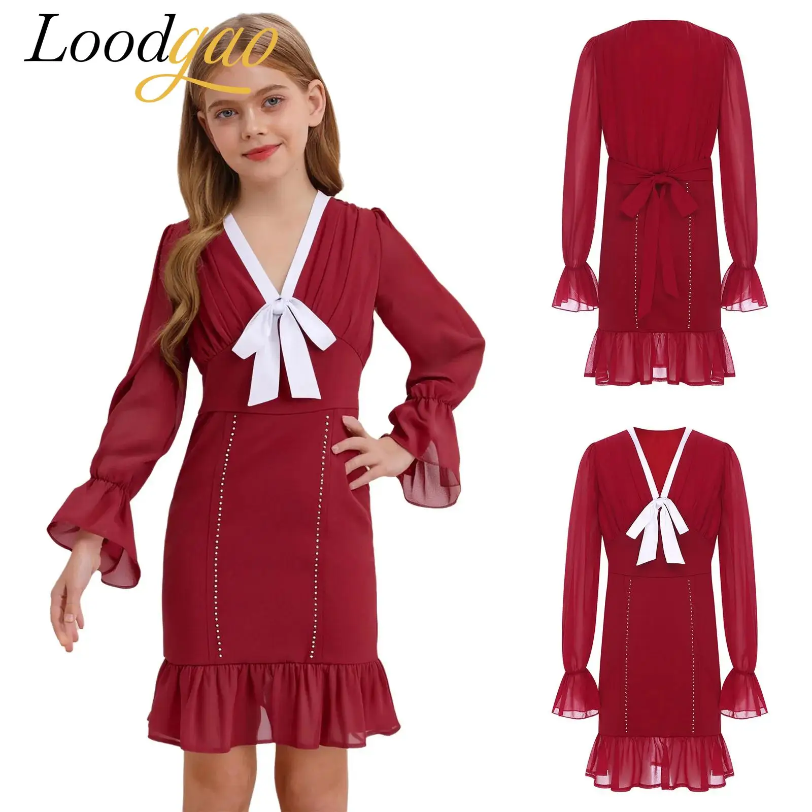 Vestidos de Navidad elegantes de manga larga para niñas con cinturón, disfraz festivo con lazo para niños, vestido de fiesta, vestido de fiesta de Navidad para vacaciones