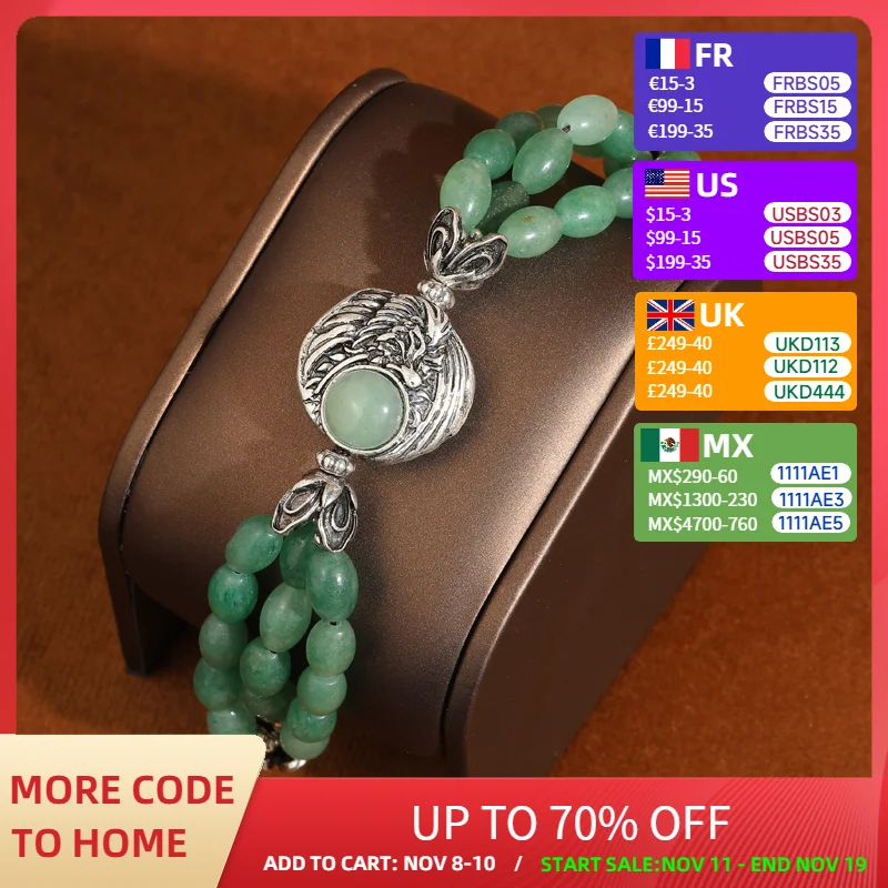 

Vintage Beaded Green Bracelet Jade Natural Stones Antique Silver Color Fish Chinese Style Woman Charm Luxury Accessories Jewelry