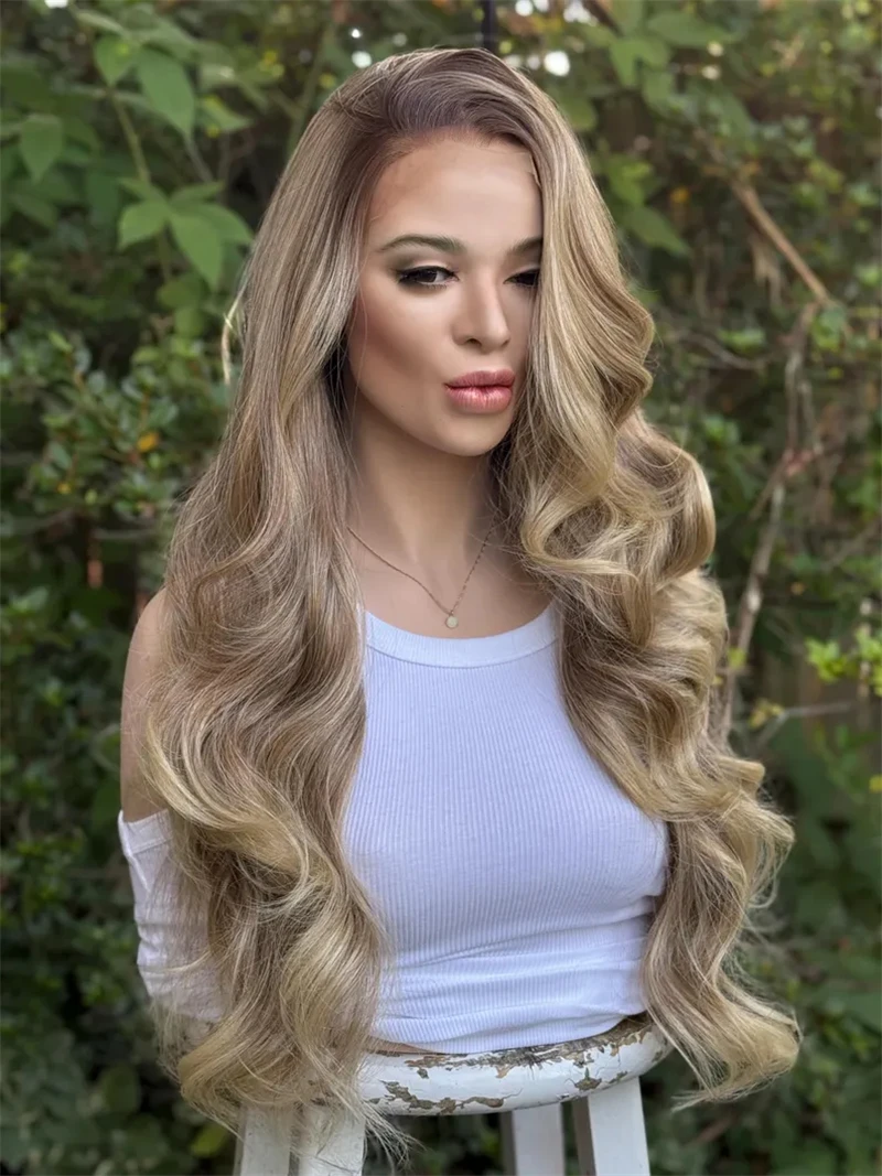 

Ombre Creamy Brown Blonde HD Invisible Lace Front Wig Preplucked Realistic Hairline Body Wave Synthetic Heat Resistant Party Wig