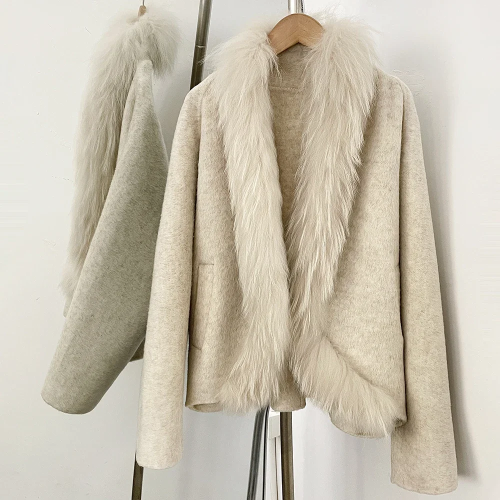 OFTBUY Neue Luxuriöse Winterkleidung Damen Kurzer 100% Wollmantel mit Echtfuchspelzkragen Natürlicher Pelz Wolljacke für Damen – Detail 7