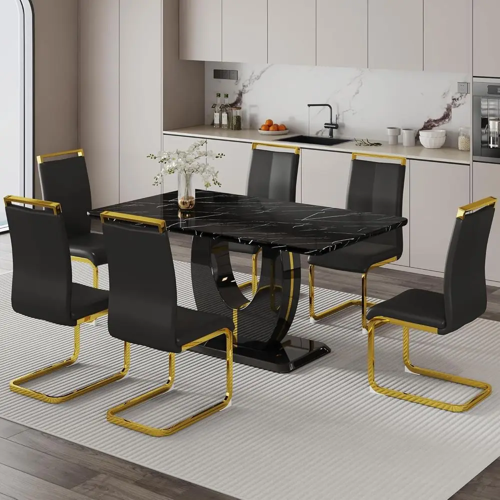 

6-Piece Marble Top Dining Set with PU Leather Chairs
