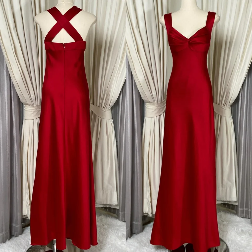 맞춤형 현대 부르고뉴 새틴 이브닝 드레스 클래식 민소매 홈 커밍 드레스 기질 백리스 오픈 백 댄스 파티 드레스