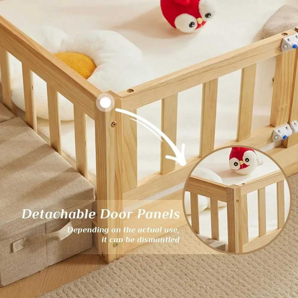 home Toddler Floor Bed with Door and Fence for Kids, Montessori Bed with 12 Slats and Safety Guardrails, Kids Bed Solid Wood