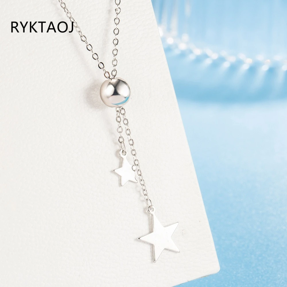 925 Sterling Silver Y‑Shape Star Tassel Necklace for Women Adjustable Ball Bead Slide Chain Pentagram Pendant Fine Jewelry Gift