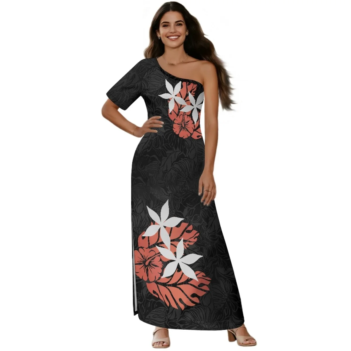 2025 New Elegant Short-Sleeved Evening Dress Polynesian Samoan Ankle-Length Dress Printed One Shoulder Side Split Maxi Dress