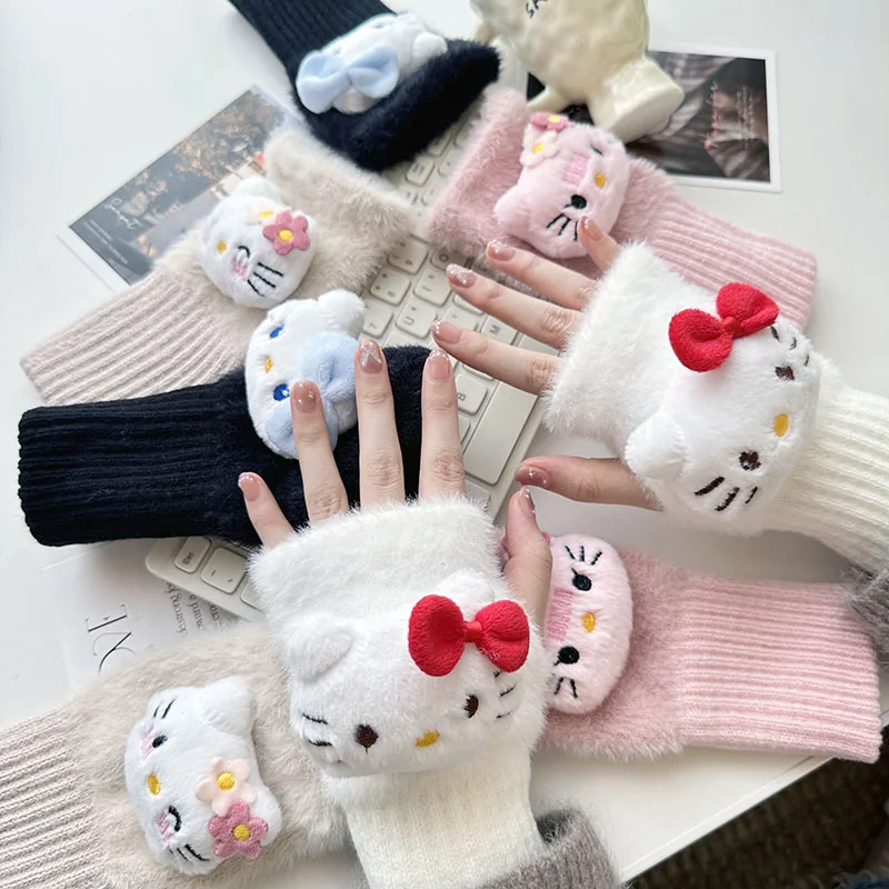 New Hello Kitty Women's Winter Thickened Warm Knitted Half Finger Gloves Kawaii Anime Sanrio Girls Typing Writing Wrist Gloves