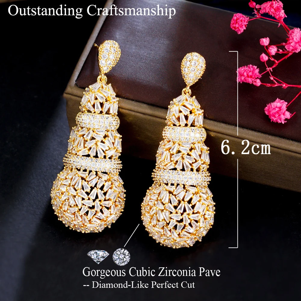 ThreeGraces Vintage Cubic Zirconia Stone Long Gold Color Bridal Drop Earrings for Women Luxury Dubai Party Costume Jewelry E1036