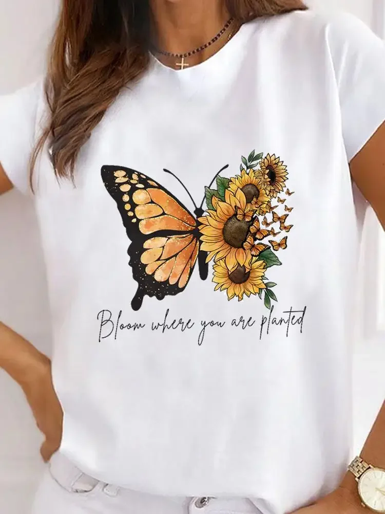 Plus Size kwiatowy motyl uroczy modny t-shirt z lat 90. Damska koszulka z moda Basic koszulką z krótkim rękawem odzież z nadrukiem