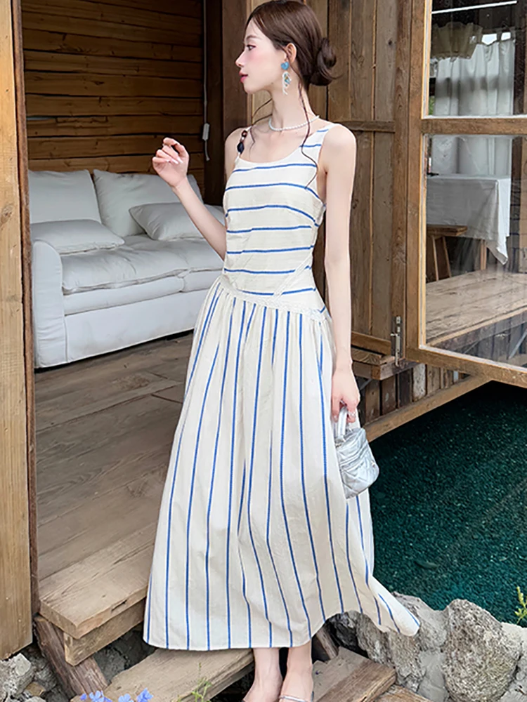 

Women Blue Striped Patchwork Chic Sling Sexy Long Dress Summer Elegant Casual Holiday Dress 2025 Korean Bodycon Festival Dresses
