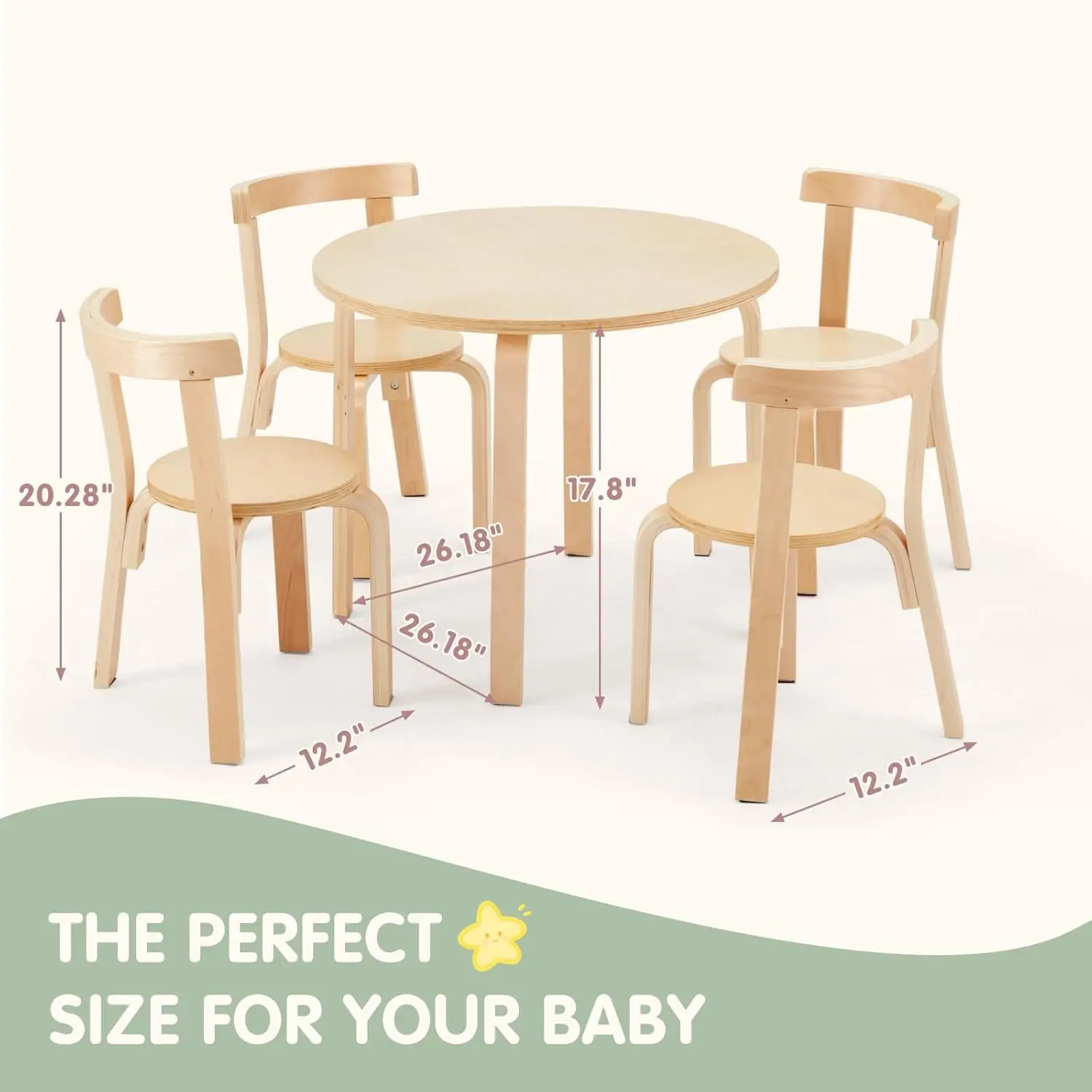 Kids Table And 4 Chairs Set - Round Table And Chair Set For Children, En71 Certified, Birch Veneer - Wooden Dining Play Set For