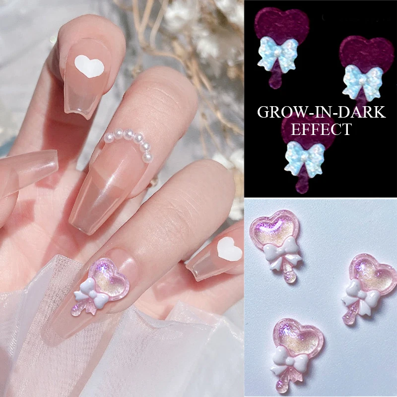 20 piezas de diamantes de imitación Kawaii en forma de corazón con purpurina de Auroras rosas, abalorios de uñas transparentes 3D que crecen en la oscuridad, accesorios para decoración de uñas DIY