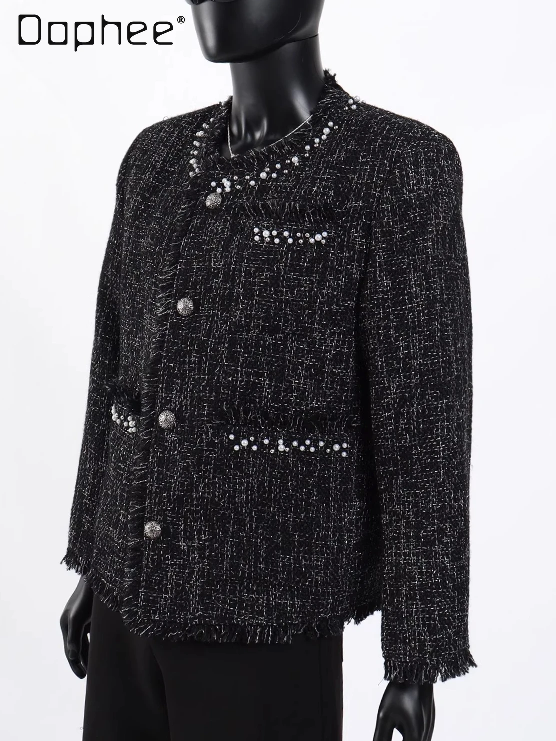

Deconstructed Woven Elegant Tweed Jacket for Men High-End Luxury Beaded Round Neck Single-Breasted Long Sleeve Loose Trendy Top