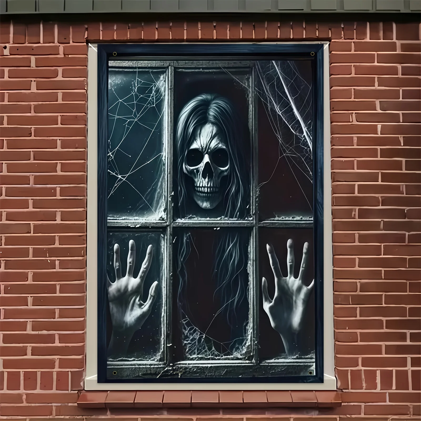 لافتة مسطحة ثنائية الأبعاد قطعة واحدة من لافتة حفلات الهالوين - ستارة شبكة عنكبوت على شكل جمجمة من البوليستر للديكور الداخلي والخارجي