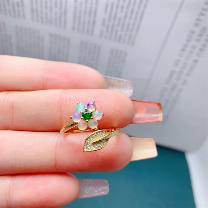 

Natural Opal Diopside Lady Ring Flower Shape Open Size Vintage index ring with Certificate