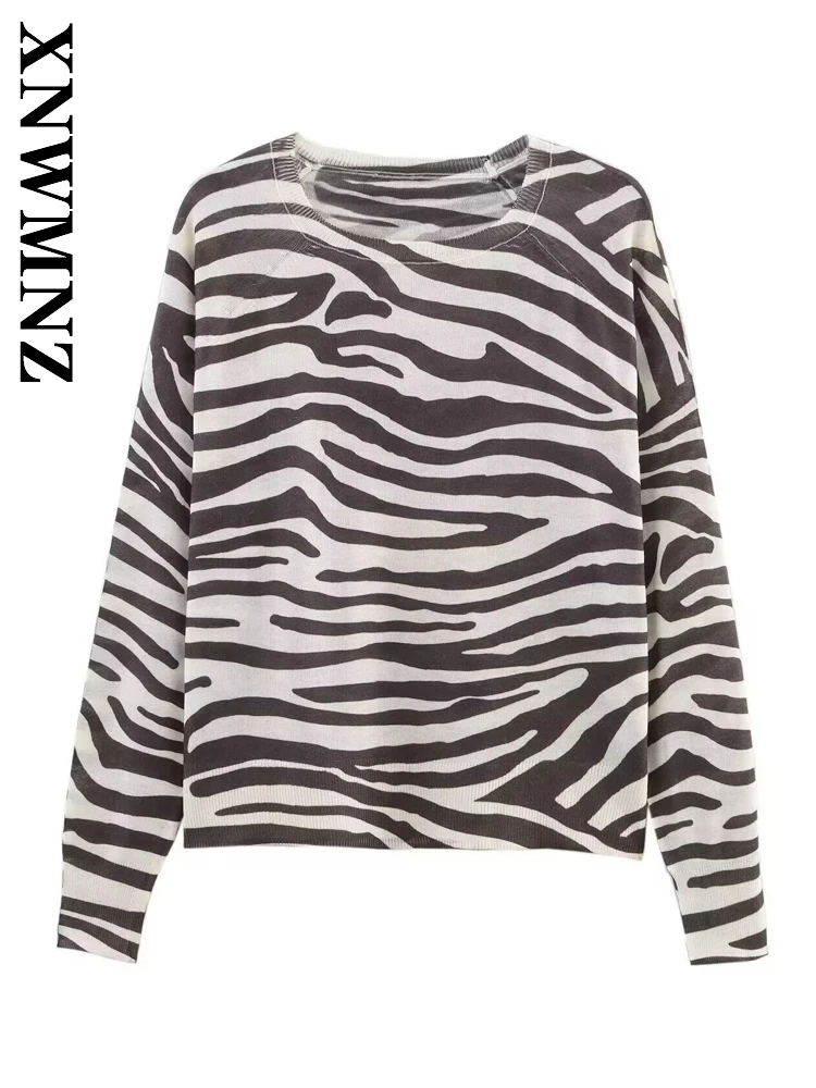 

XNWMNZ 2025 летний новый продукт, женская повседневная мода с круглым воротником и длинными рукавами, вязаная шикарная женская одежда, блузки, вечерние полосатый пуловер