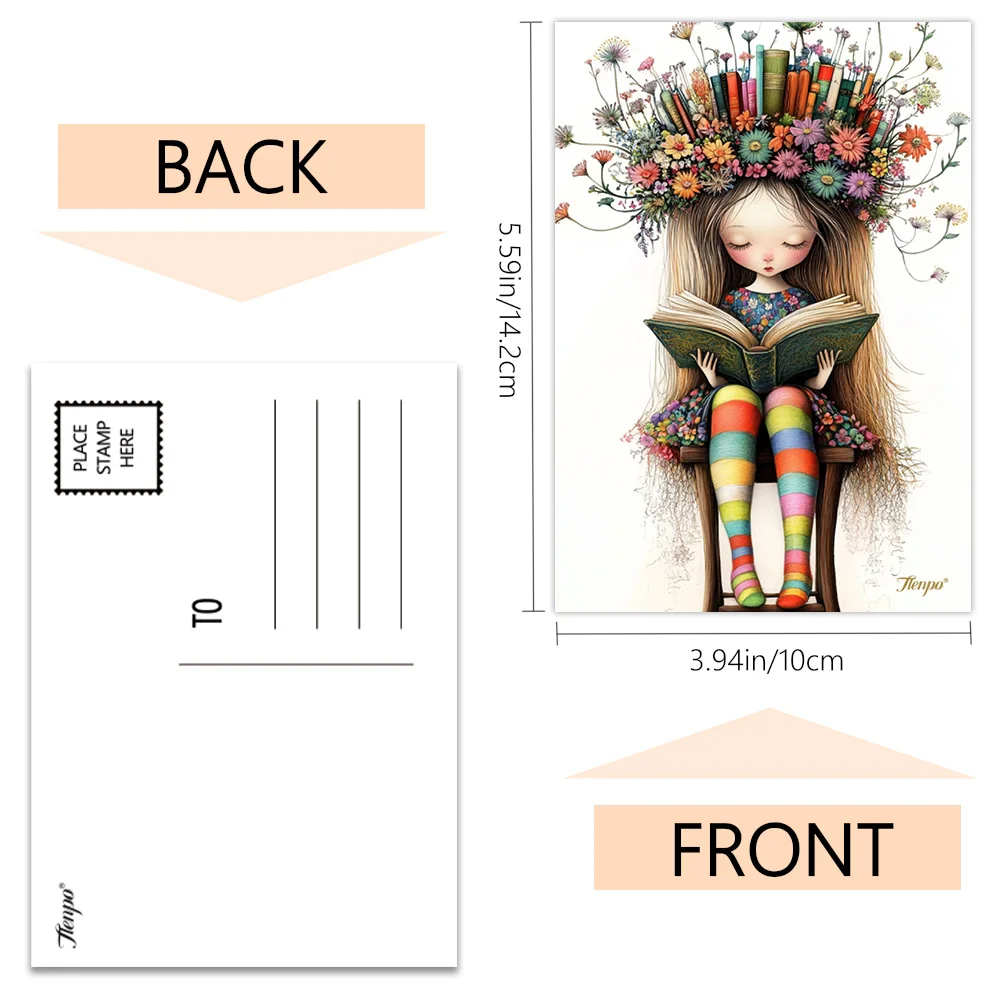 16pcs Flowery Reading Girl Postcards, New Year Gift, Christmas Gift, Living Room Decor, Bedroom Decor, High-Quality Cards