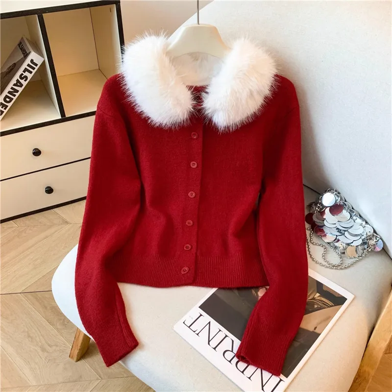 

Heavy Work Beaded Knitted Sweater Jacket Women Cropped Cardigan Coat Round Neck Single-Breasted Long Sleeve Knitwear Pull Femme