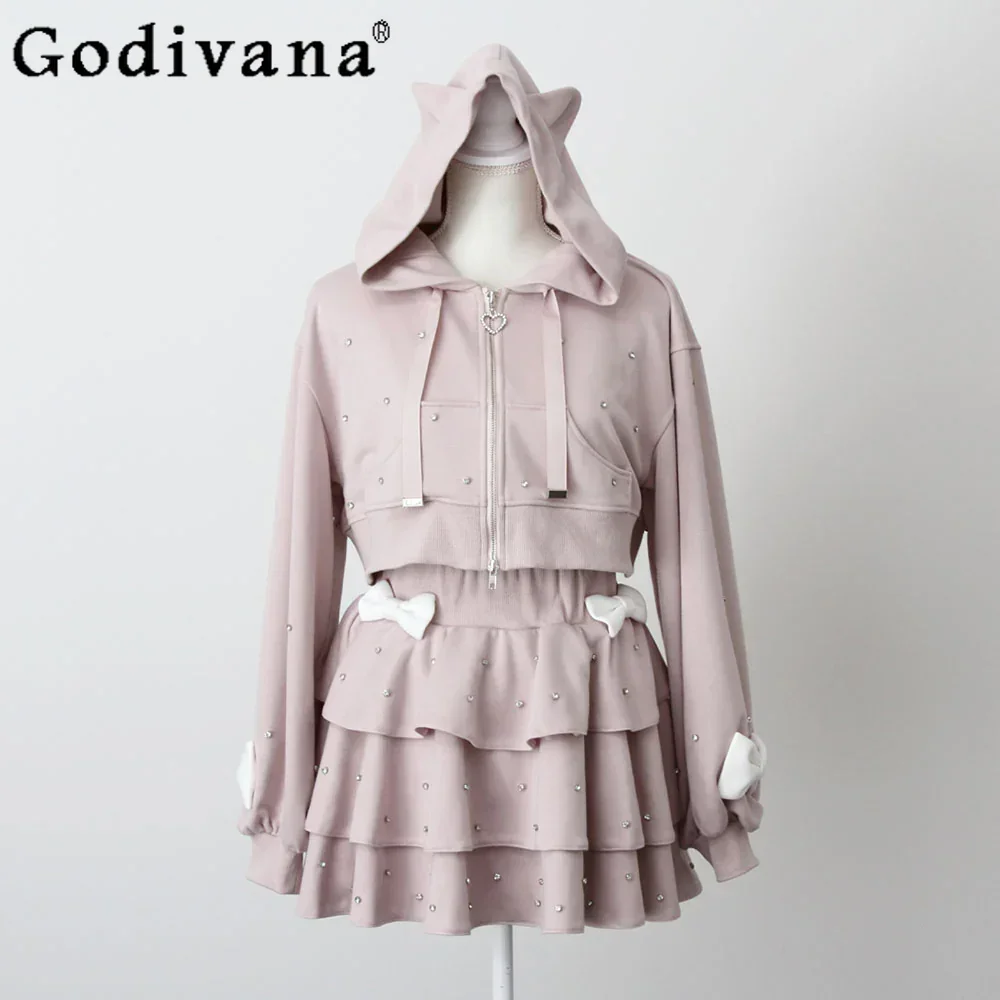 

Spring Heavy Industry Cake Skirt Set Girl Women's Japanese Sweet Bow Beading Sports Suit Long Sleeved Top+ Skirt Two-piece Set