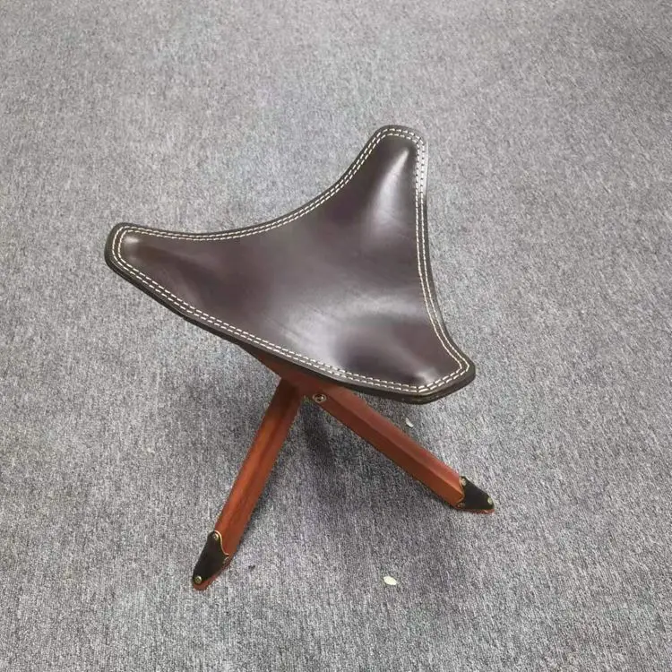 Vegetable tanned leather household solid wood pony folding stool outdoor convenient cowhide folding fishing chair