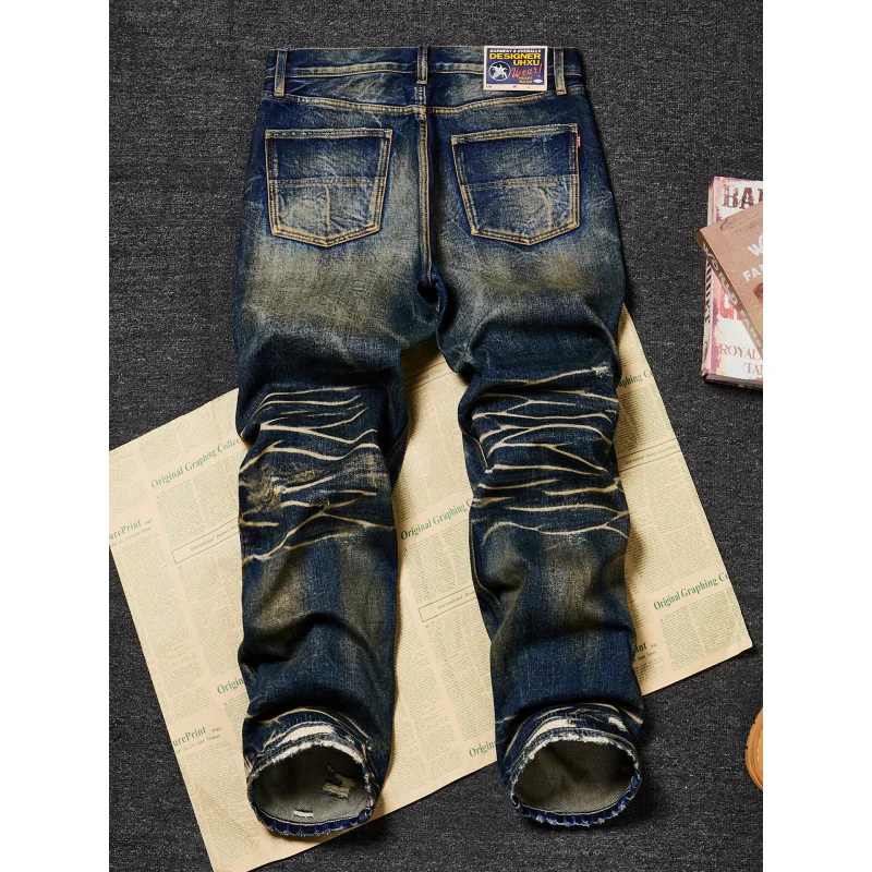 Premium Heavyweight OZ Denim Jeans For Men American Vintage Ripped Loose Straight High Street Fashion Trousers