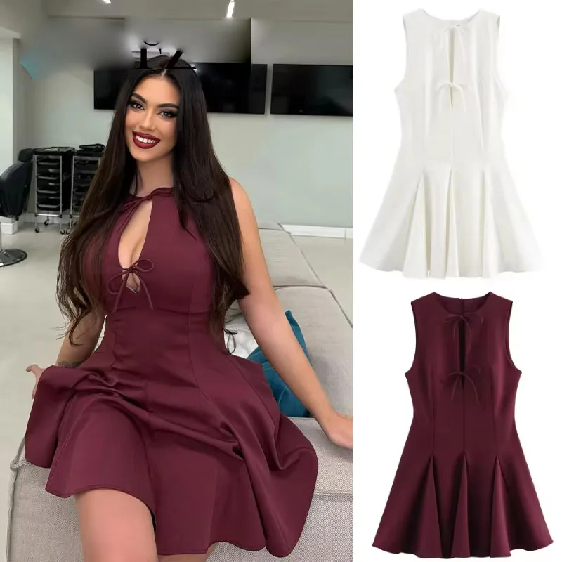 Women's Summer Fashion With Bow Casual Mini Dresses Solid Pleated Wide Hem Sleeveless Solid White Elegant Party Dresses