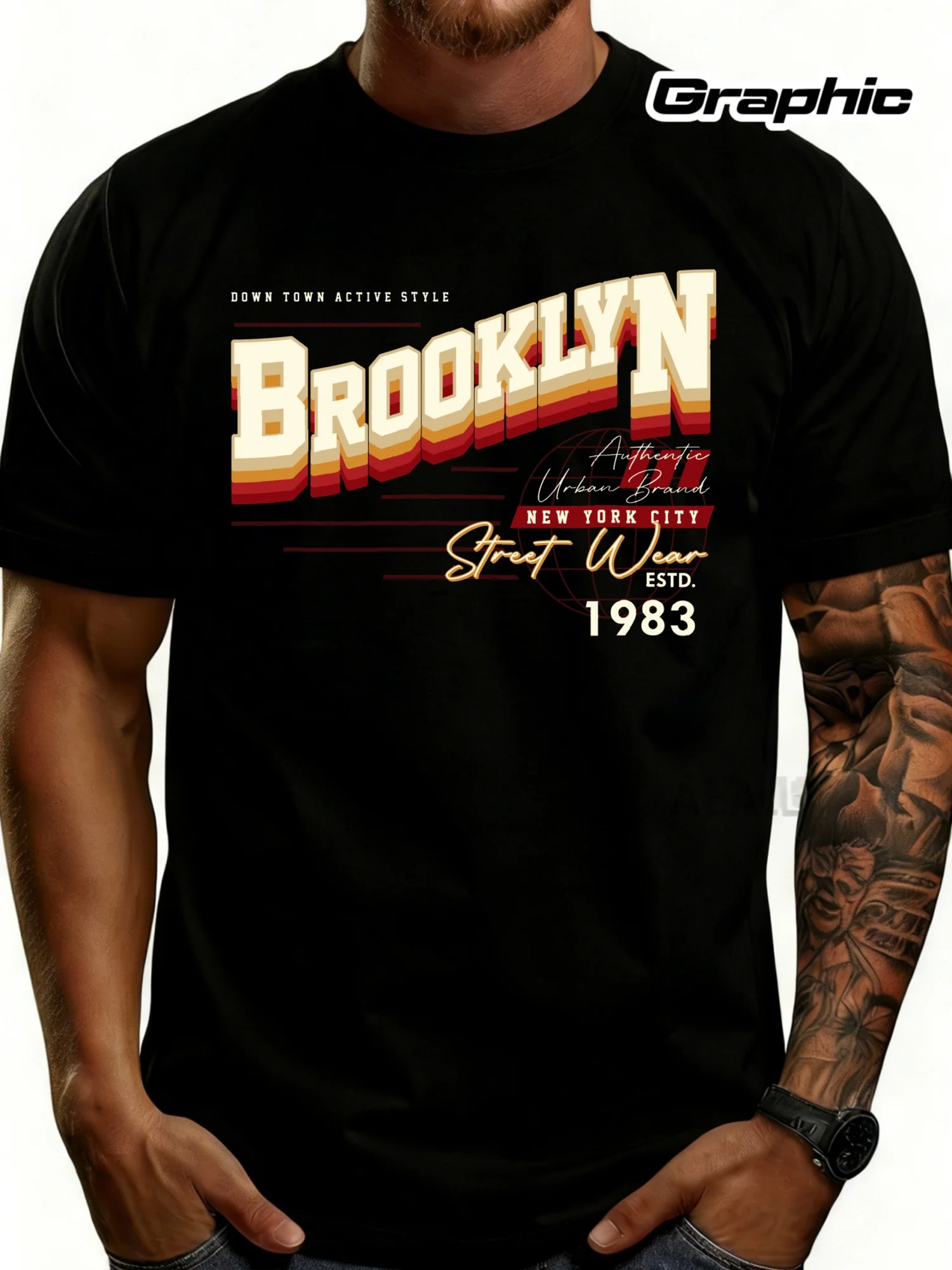 Men's Solid Pattern T-Shirt - Breathable, Soft, Lightweight - Brooklyn Street Style New York City 1983 - Vintage Fun Graphic Casual Short Sleeve Summer Top, a Great Gift for Him