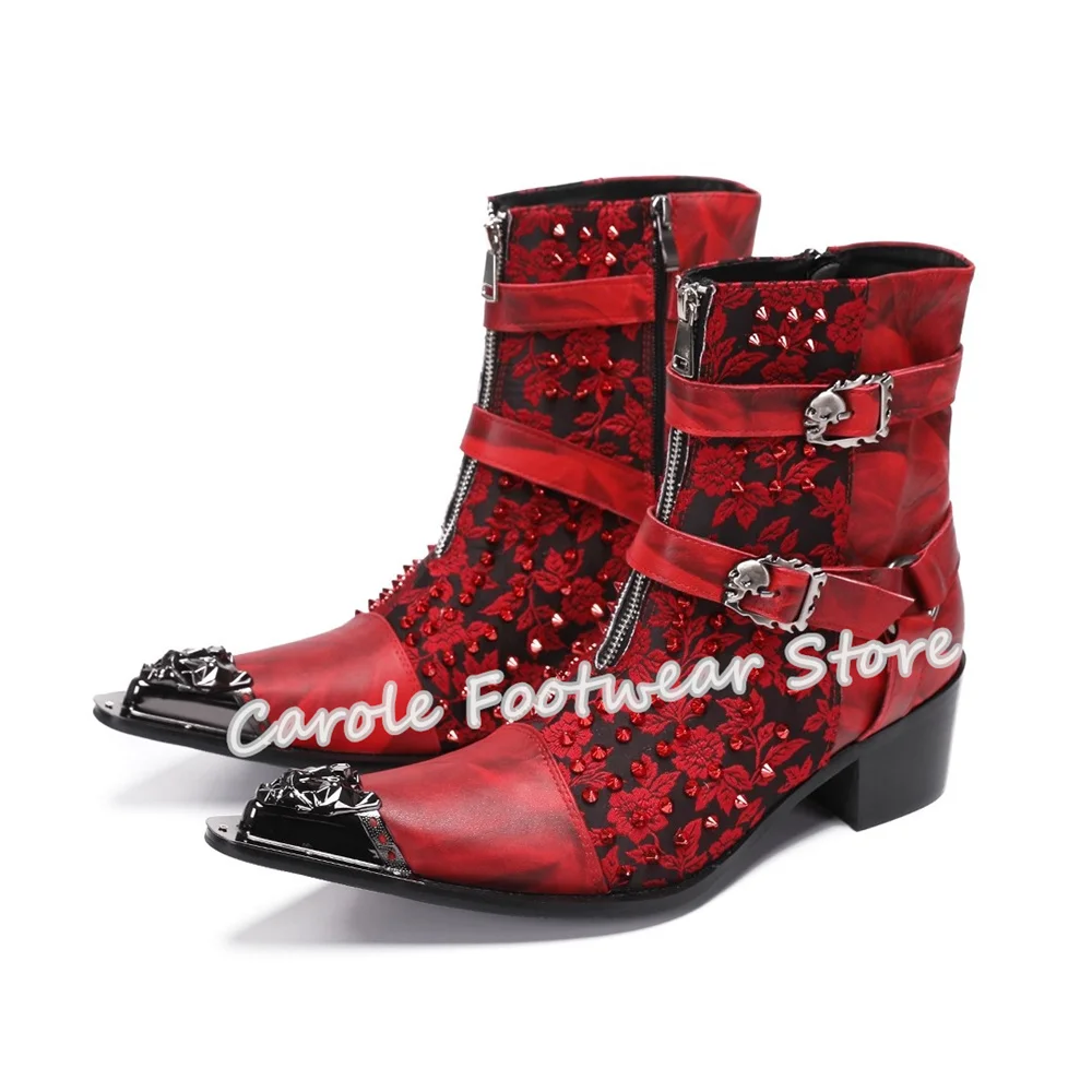 รองเท้าบูทเชลซีผู้ชายประดับเพชรหรูหรา งานปัก รองเท้าออกงานแต่งงาน รองเท้าหัวแหลมโลหะ รองเท้าบูทหุ้มข้อสูงสำหรับผู้ชาย