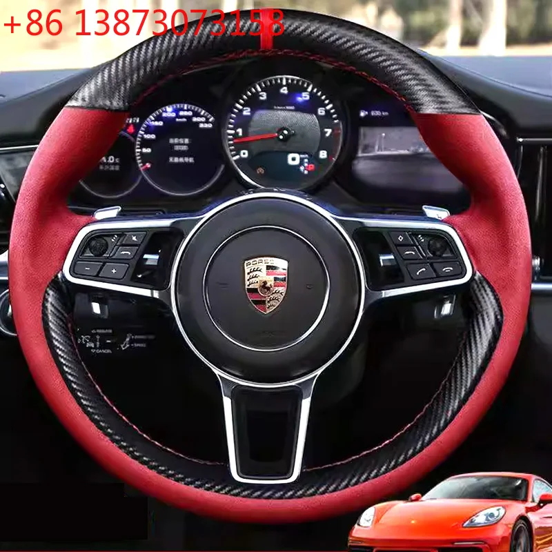 DIY Red Suede Carbon Fiber Steering Wheel Cover for Porsche Cayenne S Base E-Hybrid S Macan 918 Spyder Boxster 718 Cayman GT4
