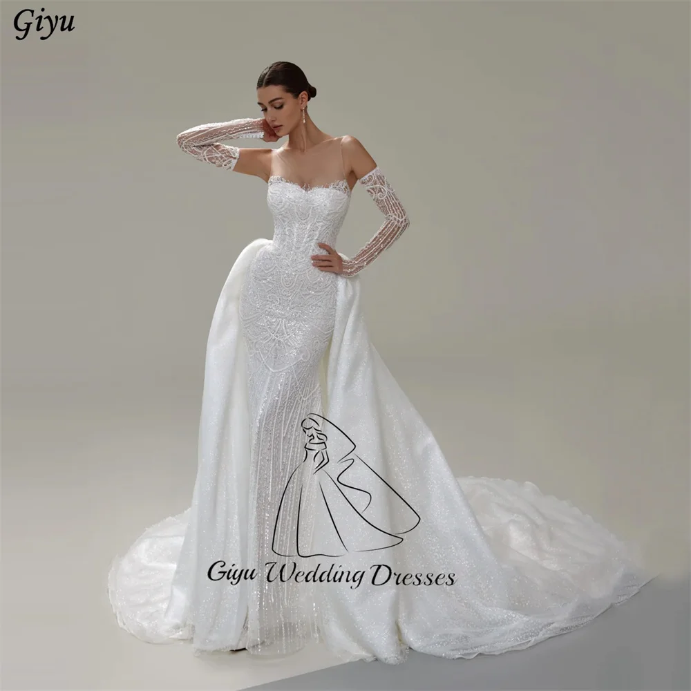 Giyu Luxury Mermaid Round Neck Wedding Dresses For Woman Full Lace Detachable Train Bridal Gown Customized Vestidos Novias Boda