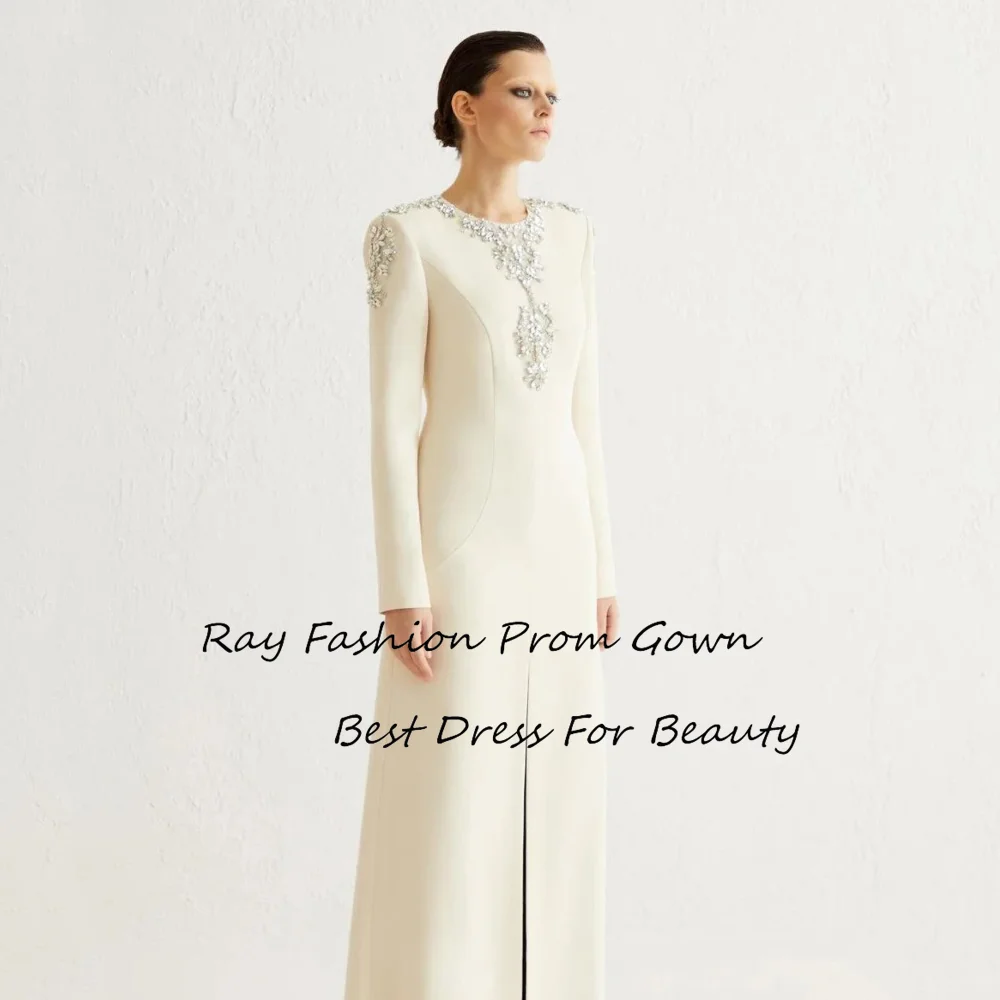 Ray Fashion A Line Evening Dress O Neck Full Sleeves With Beading Crystal Customize For Women Formal Occasion Gowns فساتين سهرة