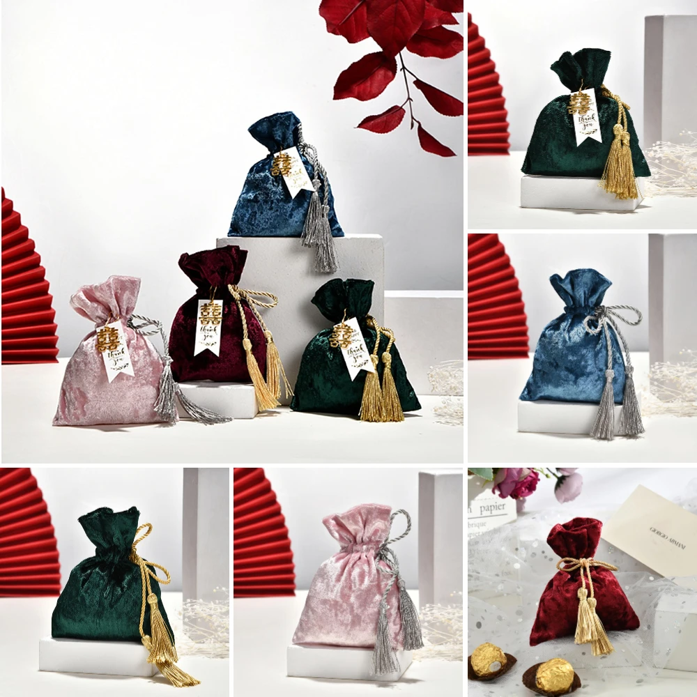 Velvet Wedding Candy Bag Tassel Drawstring Chocolate Gift Pouches Wedding Guest Gift Packaging Bags Party Jewelry Storage Bags