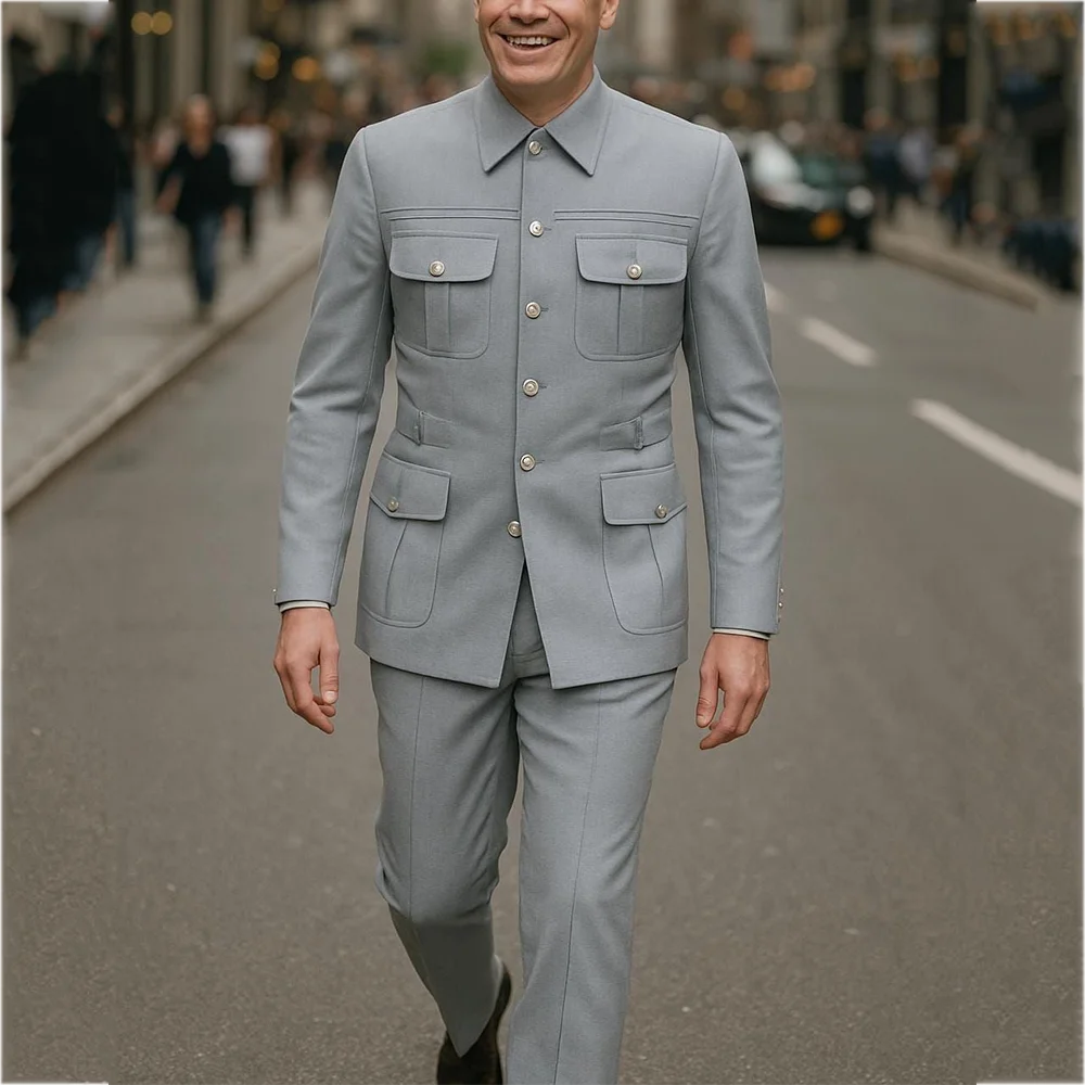 

Formal Suit Two Pieces For Men Stand Lapel Fashion Single Breasted Slim Fitted Business Casual Male Outfit Blazer Pants Set