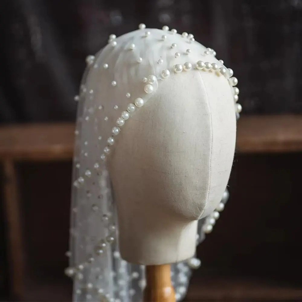 Novas pérolas contas noivas véu francês curto véus de casamento branco preto vermelho tule cabeça da noiva gaze headpieces