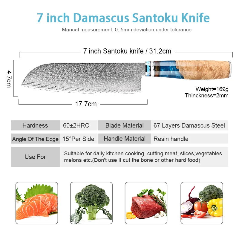 XITUO Santoku Knife VG10 Damascus Steel Japanese Chef Knife, Kitchen Sushi Knife Japanese Damascus Santoku Knife Chopping Knife