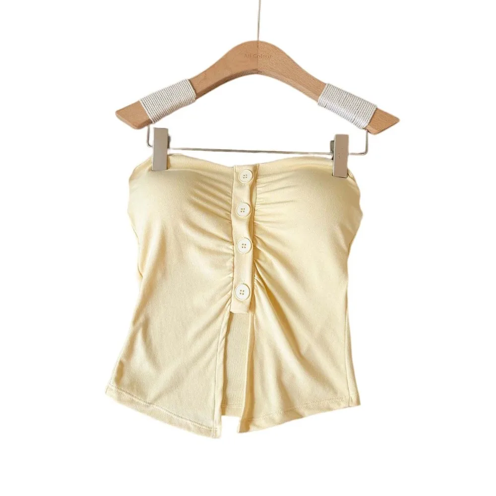 

Colorful Corset Pleated Button Camisole Slim Fit Strapless Crop Tops with Pads Tanks Sleeveless Suspender Vest Spring Summer