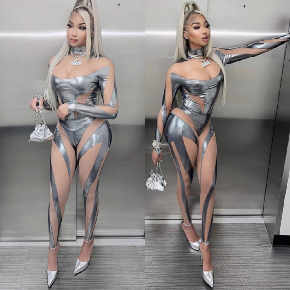 Women's Technology Future Mechanical Silver Performance Suit Personalized Mesh Perspective Splicing onesie singer dance costume