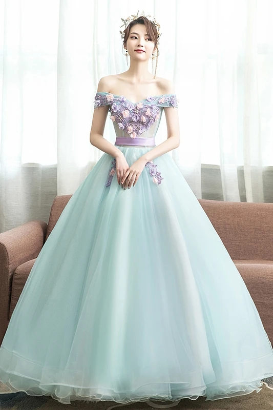 Vestidos de quinceañera elegantes, vestido de baile con apliques, hombros descubiertos, largo hasta el suelo, talla grande