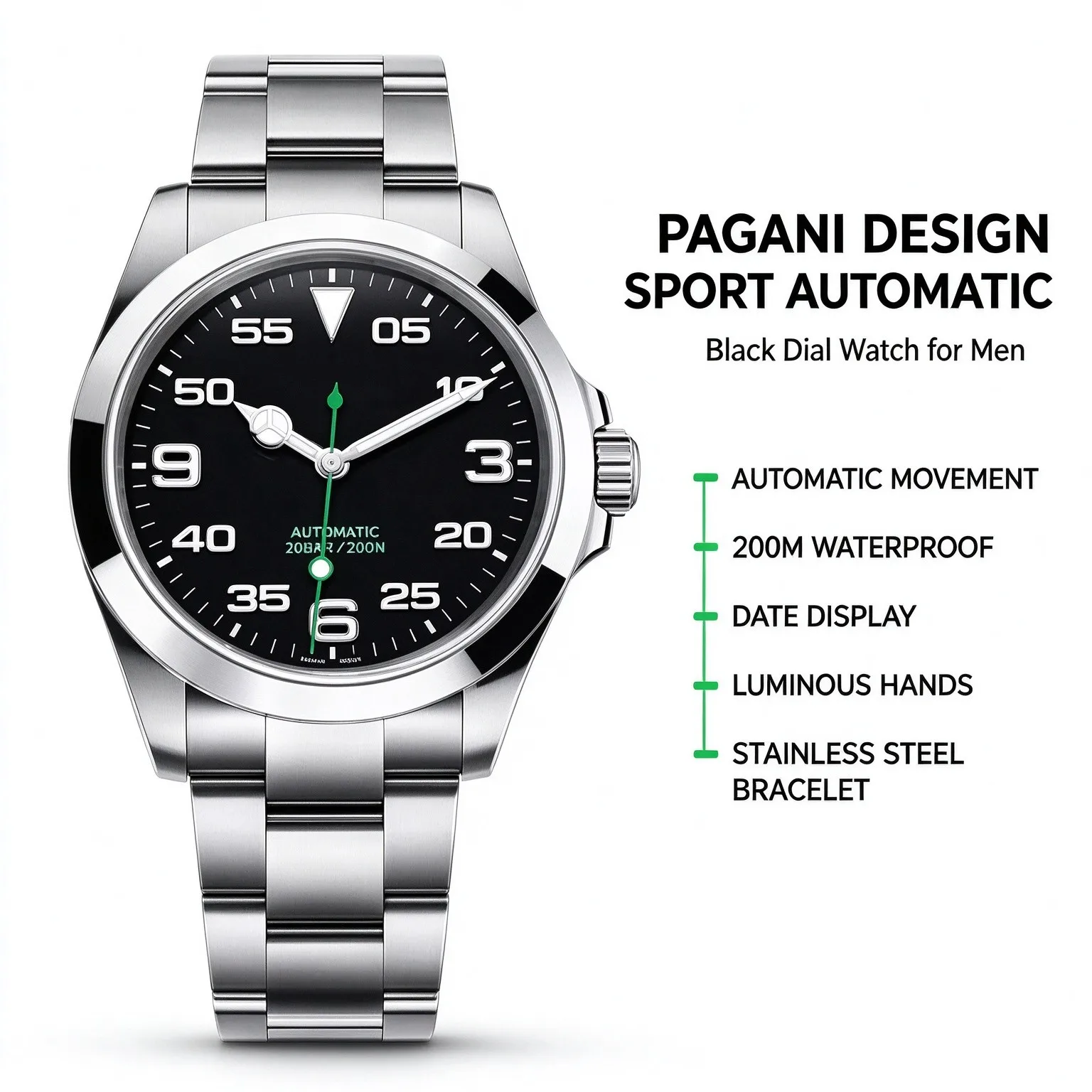 PAGANI DESIGN 40MM Air King Men Sport Automatic Watch Black Arabic Dial 200M Water Resistant Luminous Hands Stainless Steel Band Outdoor Adventure Wristwatch Automatic Mechanical Watch
