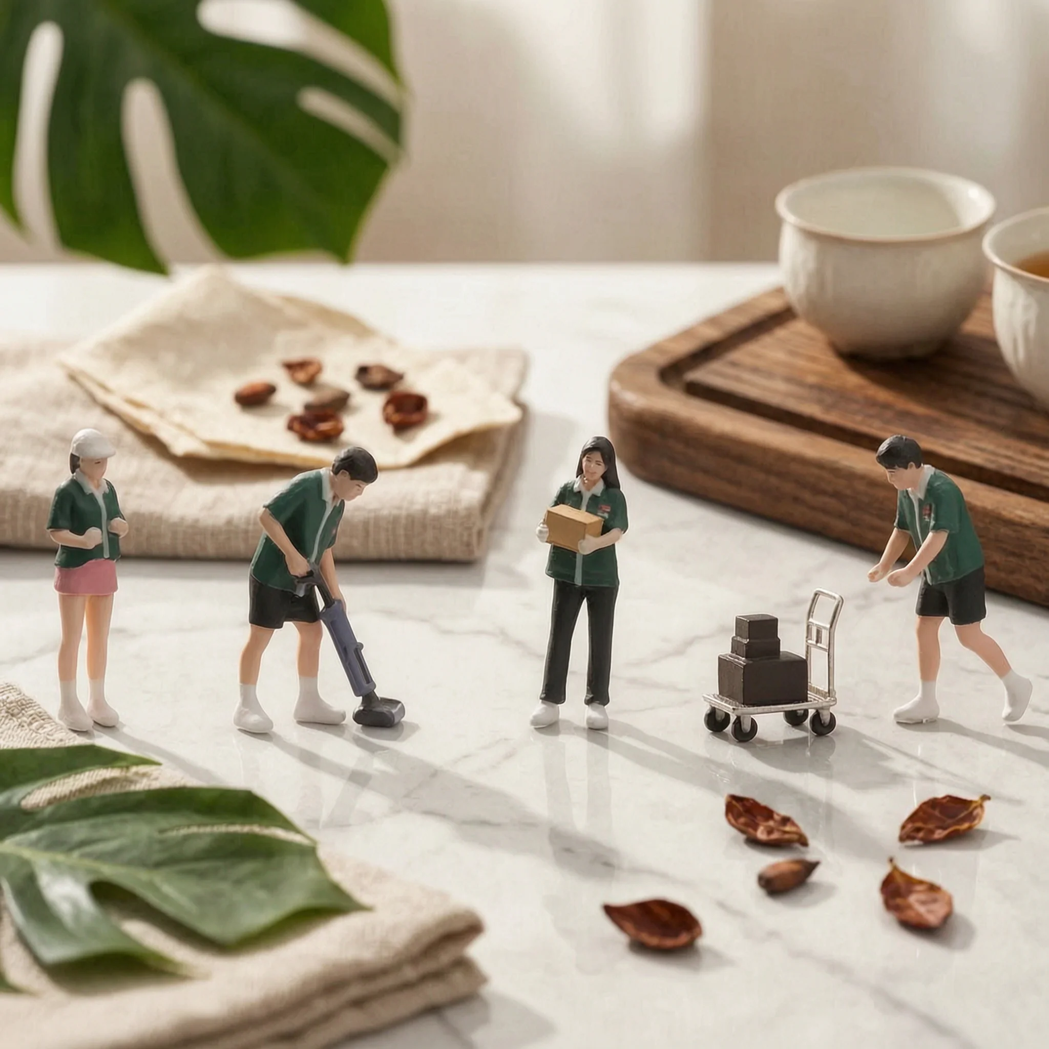 4 Pieces Convenience Store Worker Figurines Painted 1:64 Scale Figures with Cart Worker Figures Tiny Figurines with Costumes