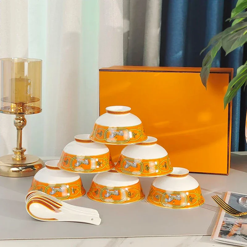 

European Bone China Six Bowls and Six Spoons Suit Royal Horse Orange Light Luxury Good-looking European Retro Tableware Gift