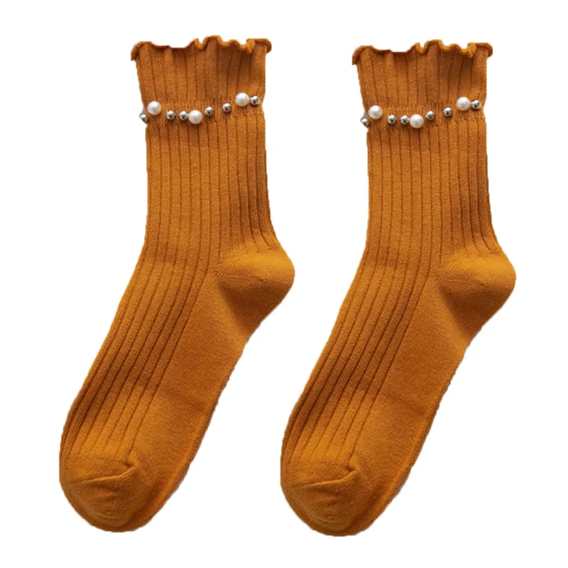 Women Ribbed Cotton Socks Japanese Imitation Pearls Beaded Sweet Frilly Ruffled Cuff Trim Solid Tube Hosiery