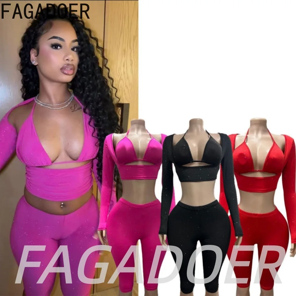 FAGADOER New Trendy Women Bodycon Shorts Three Piece Sets Sexy Crop Bra Shirt Top + Leggings Outfits Streetwear Party Club Suits