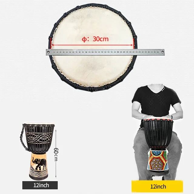 

2025 12'' Wooden Leather Djembe African Drum(Craved)-Elephant