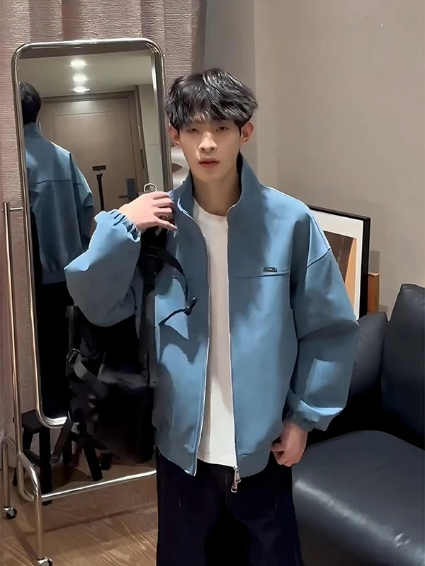 

Men's Spring Faion Oversize American Sle Stand Collar Harrington Jaet Pu Leather Coat Blue Baseball orm Outfit