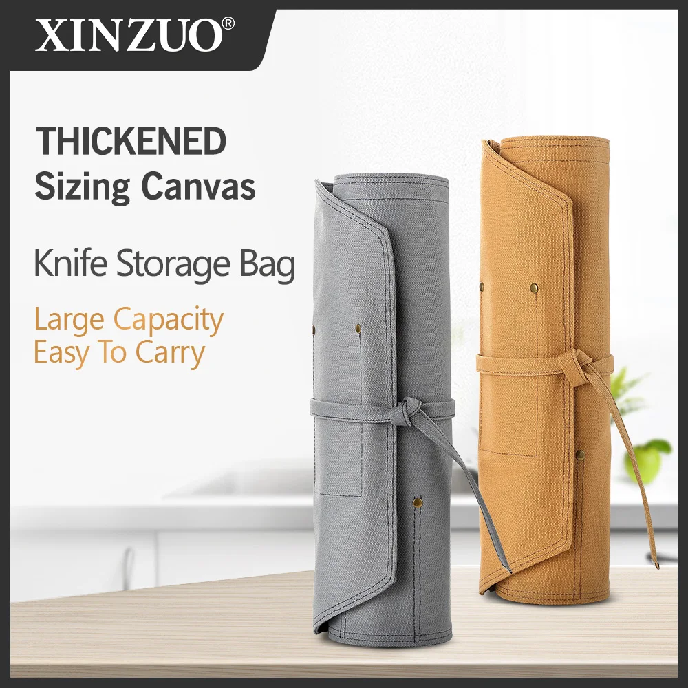 XINZUO Portable Knife Roll Bag Thickened Canvas 8 Knife Slots+1 Scissor Slots +1 Zipper pouch Cooking Tool(just a bag, no knife)