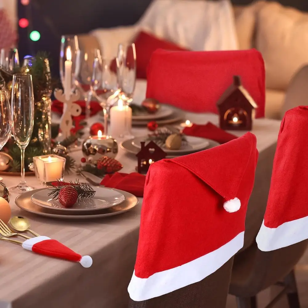 Chumia 72 Pcs Christmas Chair Covers and Santa Hats Silverware Holders Red Christmas Dining Chair Back Slipcovers for Xmas Holid