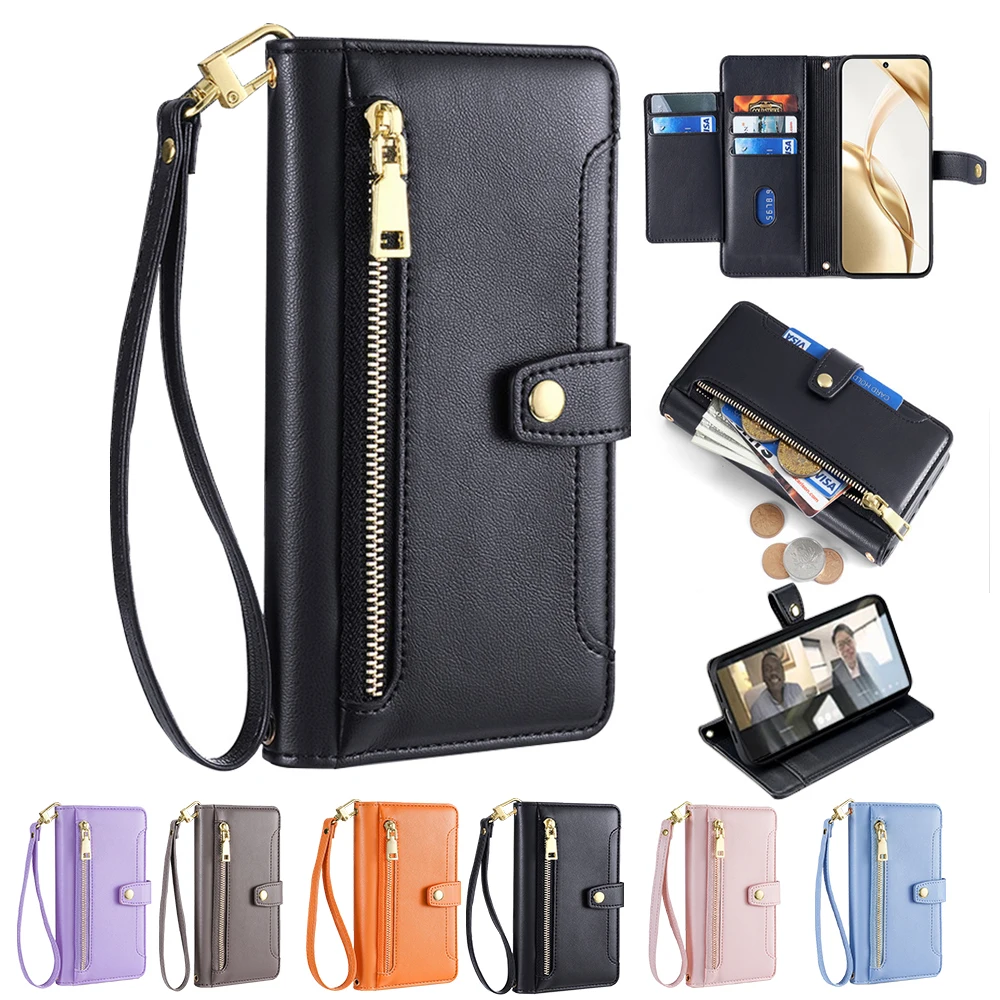 Zipper Wallet Case For OPPO A98 97 96 95 94 92 91 79 78 77 76 74 73 72 5G 4G Leather Lanyard Multi 5 Card Slots Flip Cover Funda