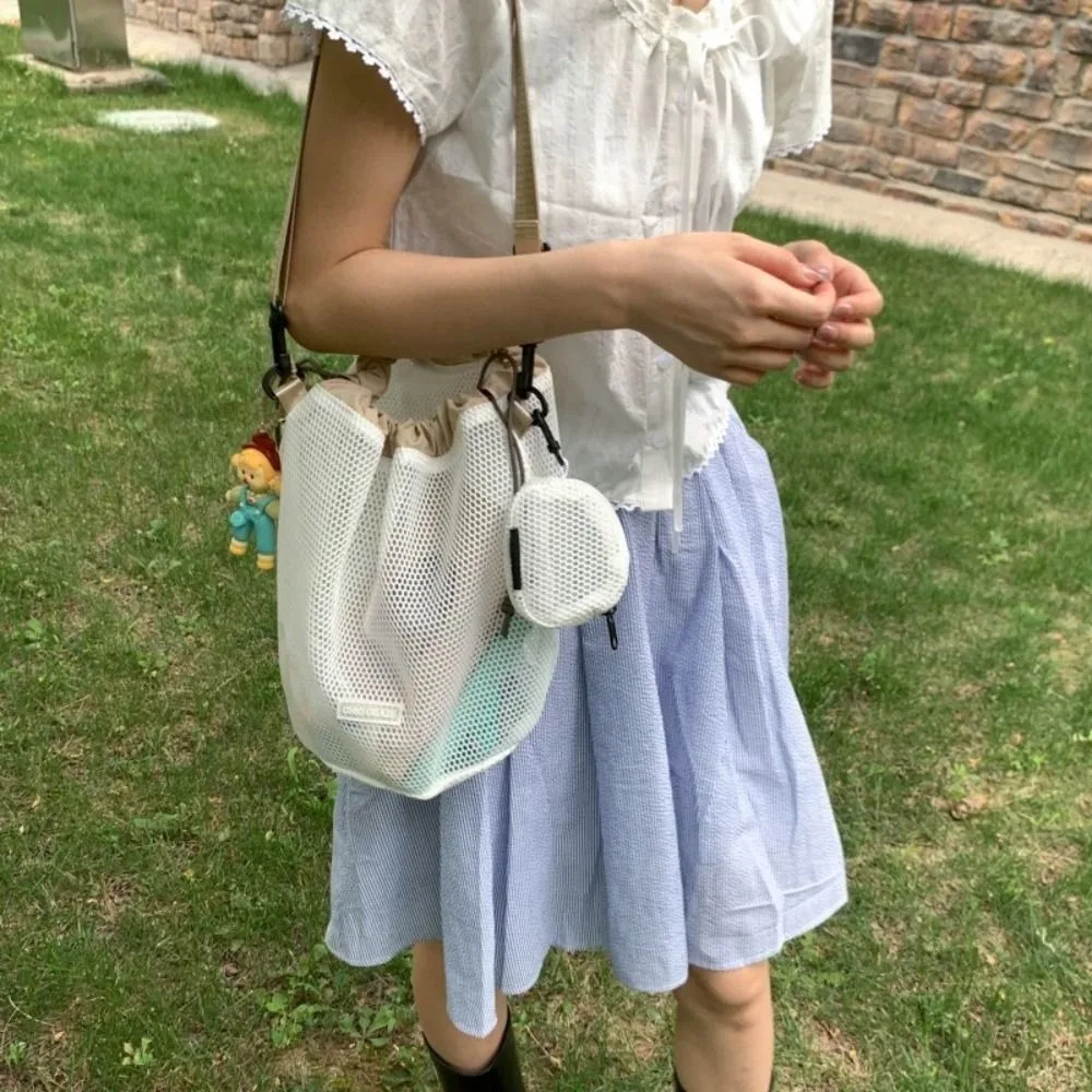 

Korean Style Drawstring Bucket Bag with Coin Purse Transparent Mesh Shoulder Bag Wallet Bags Crossbody Bag Mobile Phone Bag